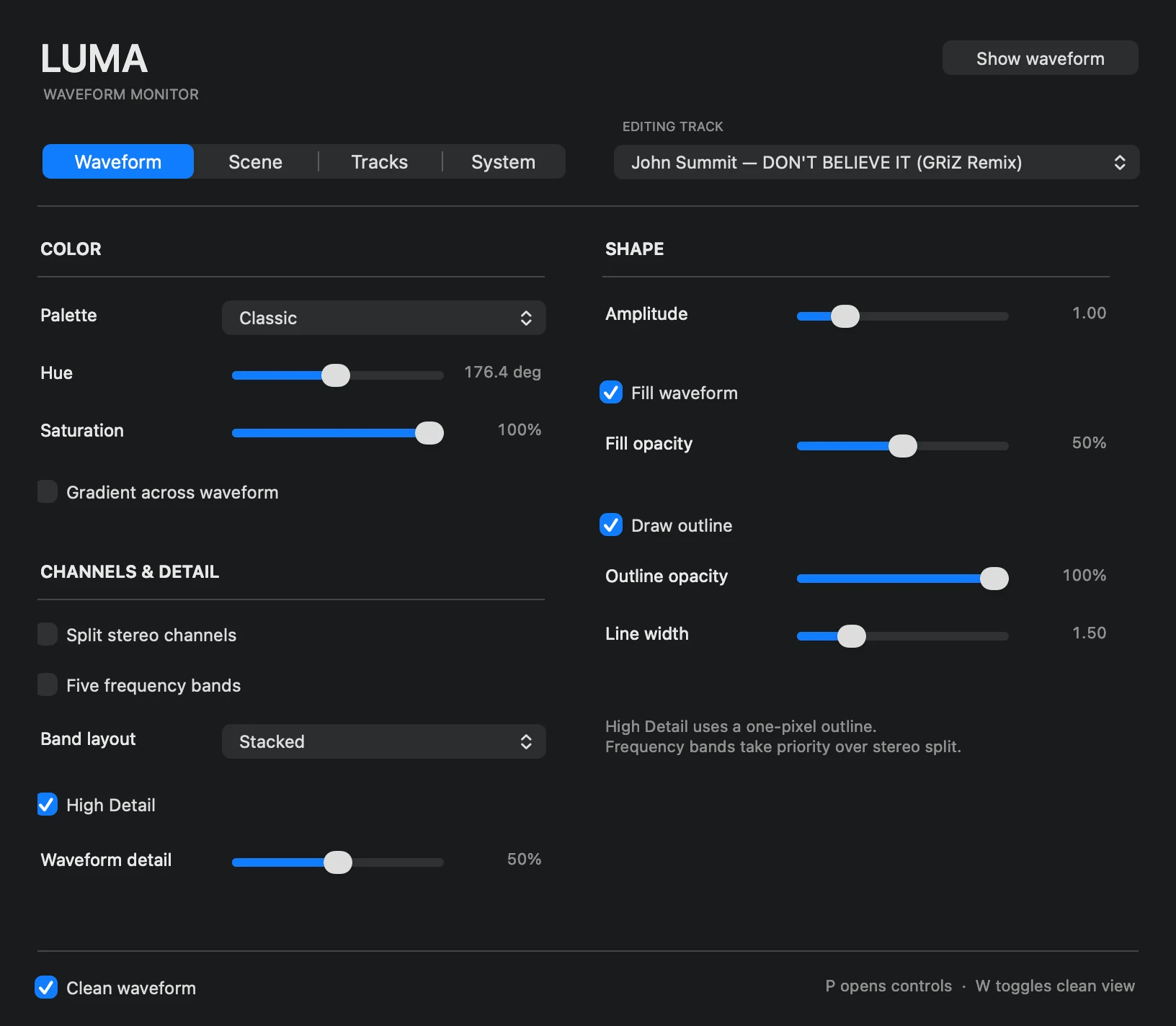 LUMA native Waveform controls with color and shape settings