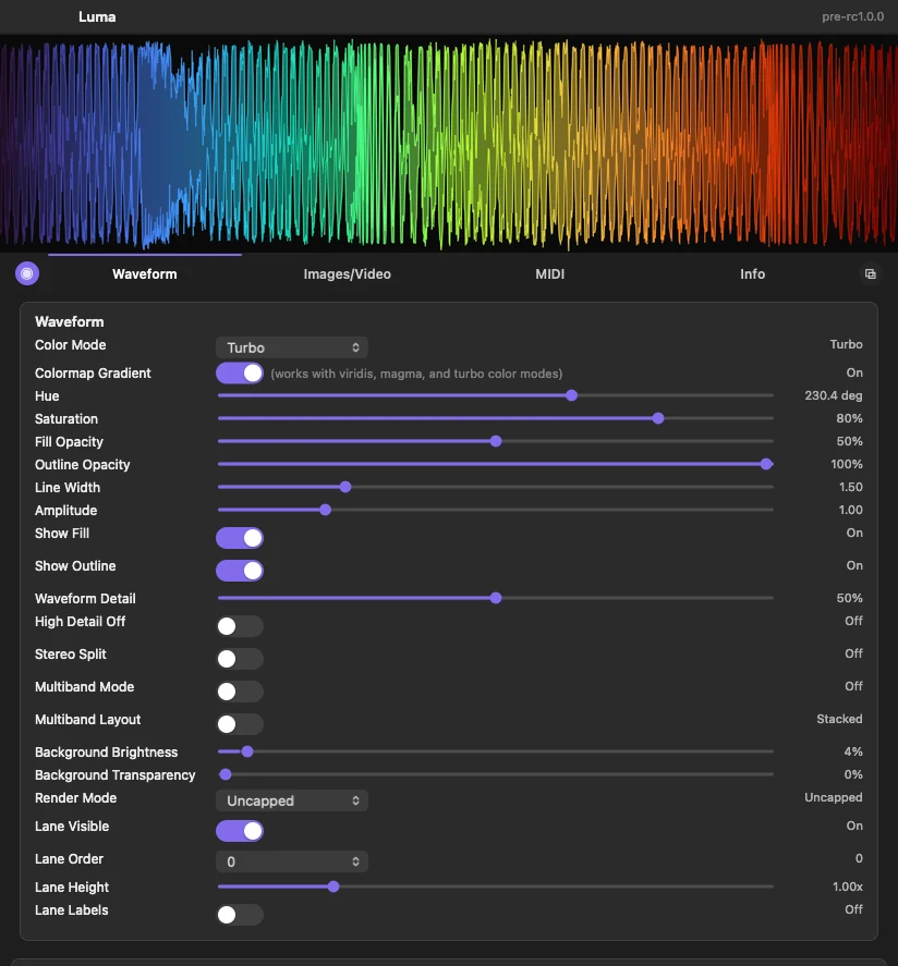 LUMA standalone app with a Turbo waveform and full waveform controls